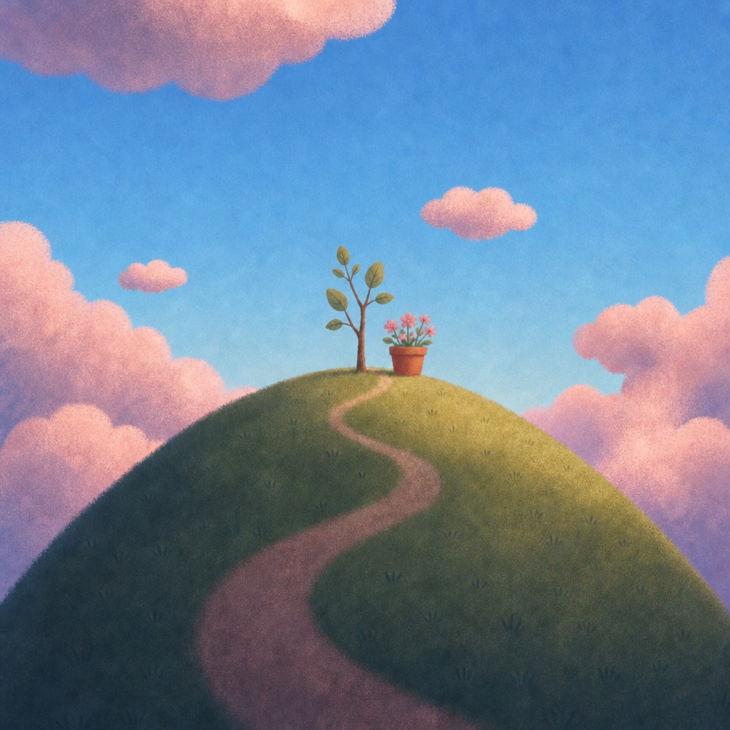 The companions' home: a green hill with a winding path, a young tree and a pot of flowers at the top.